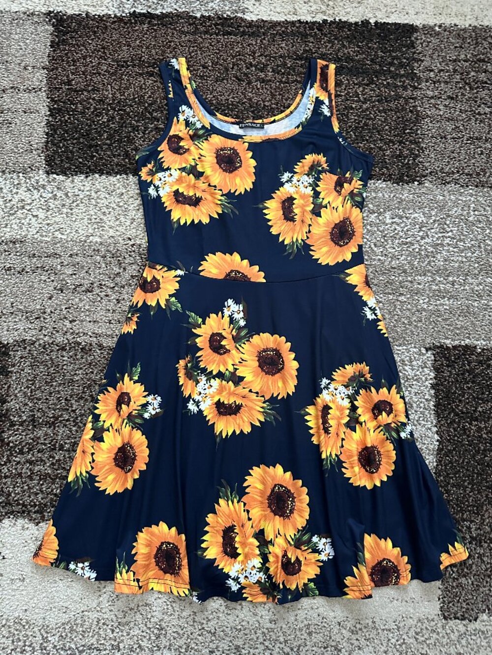 FENSACE (L) Sunflower Navy Blue Dress Tank Sleeveless Knee-Length Fit Flare Sun